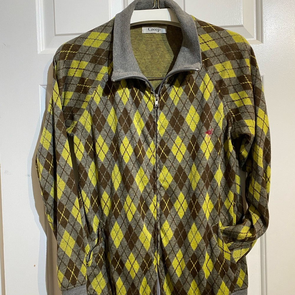 Argyle cardigan light weight sweater zip-up lime green grey